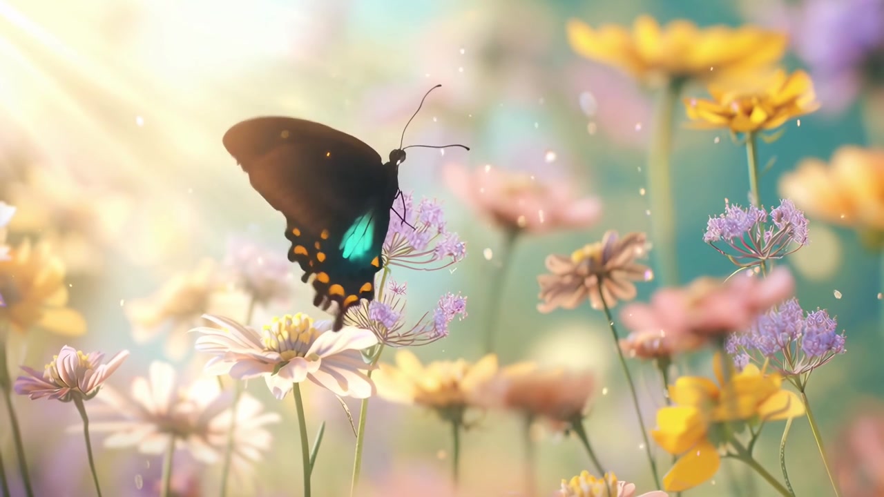 Schwarzer Schmetterling landet auf lila Blume auf sonniger Wiese