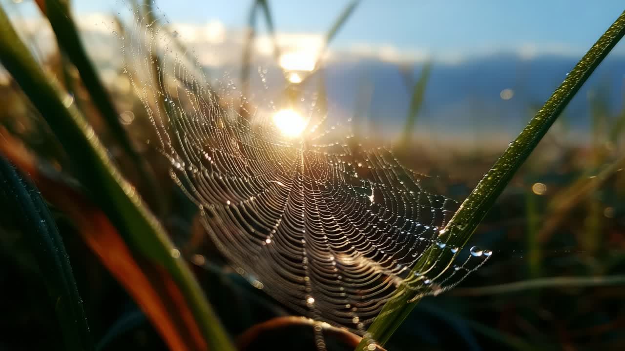 A Glimmering Spiderweb at Dawn: Captivating Views of Dew Drops on a Delicate Web Caught in the Morning Light, Showcasing Nature's Artistry and Intricate Design in a Serene Environment