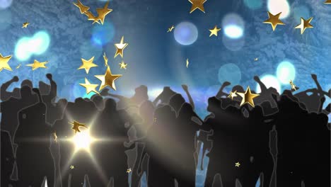 Animation-Von-Sternen,-Die-über-Tanzende-Silhouetten-Von-Menschen-Auf-Blauem-Hintergrund-Fallen