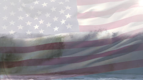digital composition of waving us flag against waves in the sea