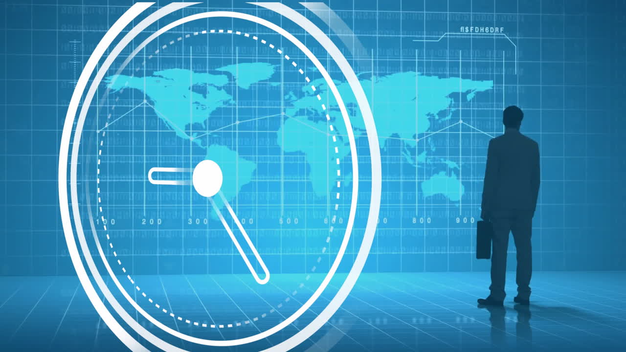 사무실에서 일하는 사업가와 함께 세계 지도 위의 시계 애니메이션