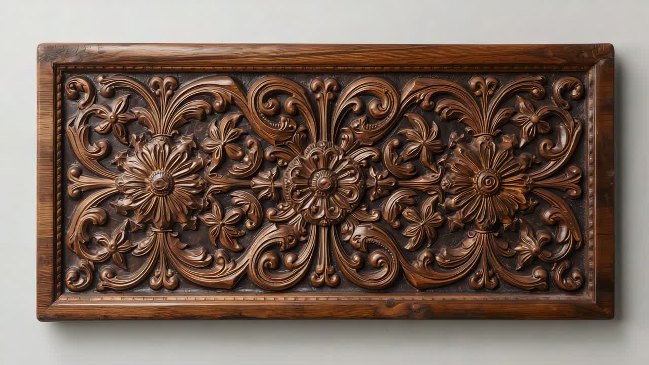 Ajuste de encuadre de la cámara, cambiando la luz sobre la pared del estudio, revelando un panel tallado y un trío de rosetones.