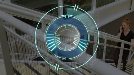 Animation of scope scanning over caucasian businesswoman in office
