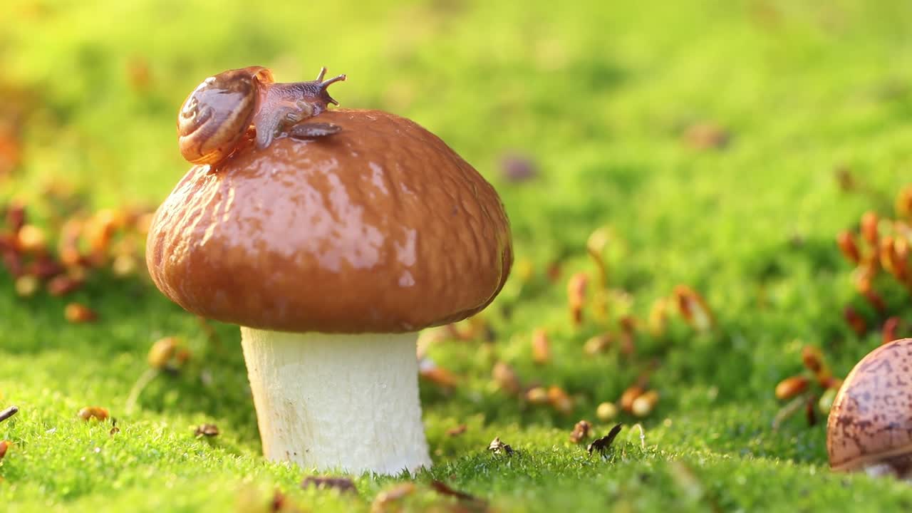 해가 지는  ⁇ 빛 속에서 천천히 기어다니는 달 ⁇ 이의 클로즈업입니다.