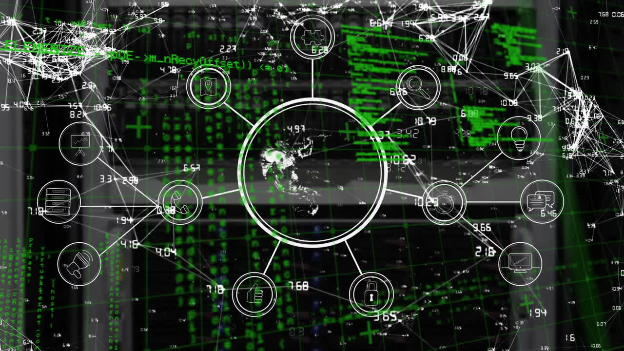 animación de diagrama de flujo, globo, puntos conectados con lenguaje informático sobre fondo negro