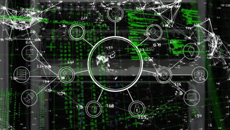 Animation-of-flowchart,-globe,-connected-dots-with-computer-language-over-black-background