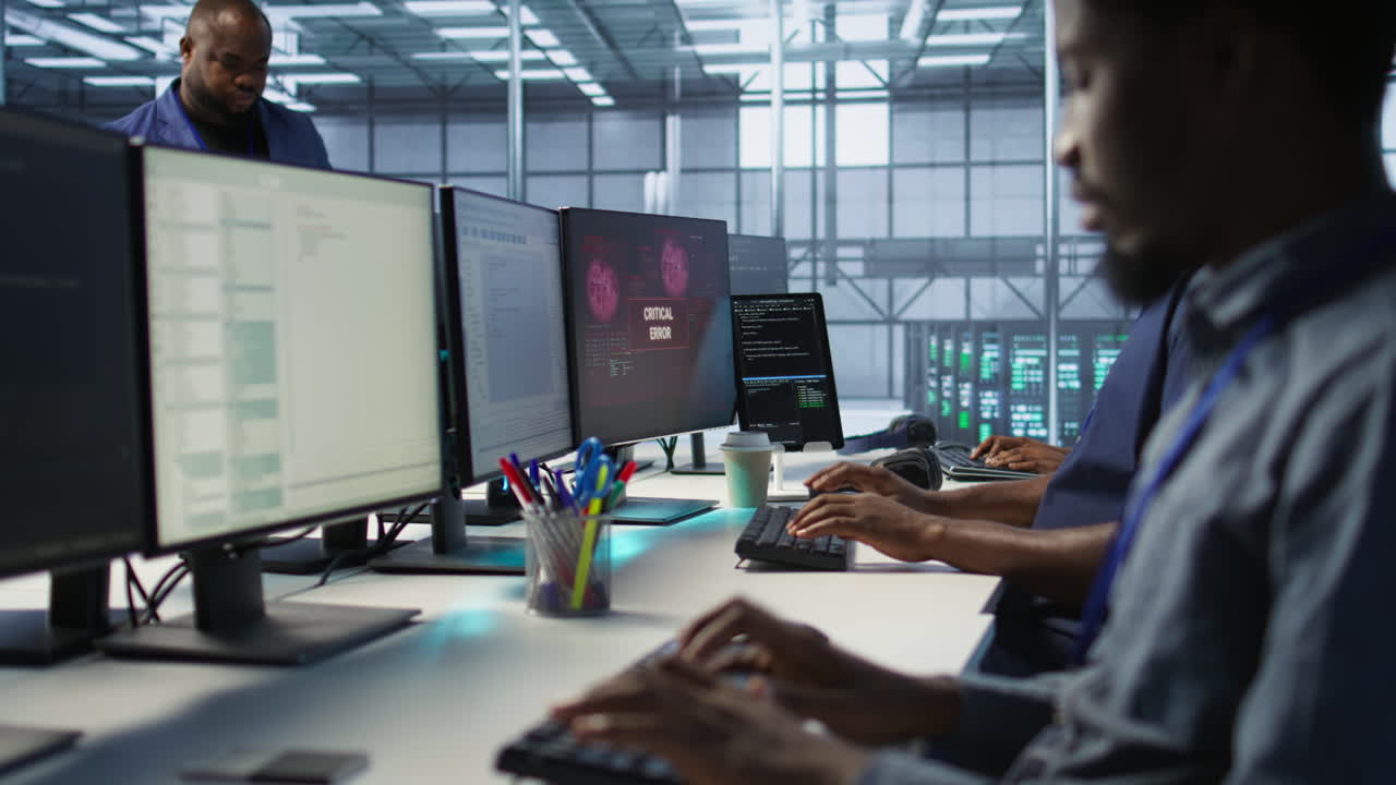 equipo diverso trabajando en la sala de servidores