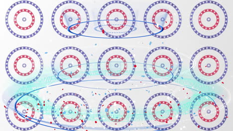 animation of confetti falling over american flag stars and coloured on circles