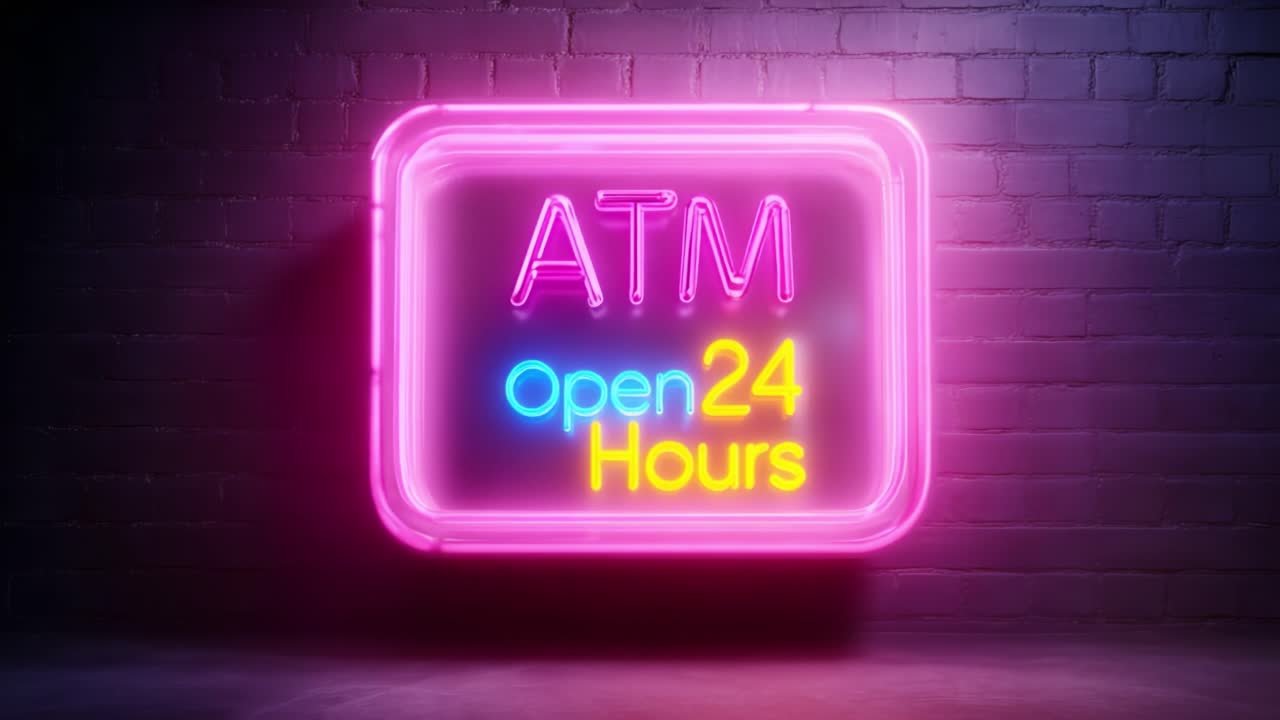 A Vibrant Neon Sign Featuring ATM and Open 24 Hours Illuminates a Dark Wall, Creating an Eye-Catching Display for Customers Seeking Convenient Access to Their Funds at Any Time