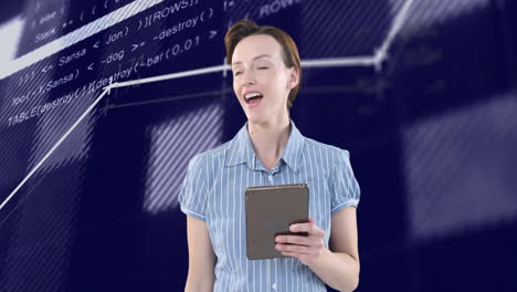holding tablet, woman viewing programming code animation with school background