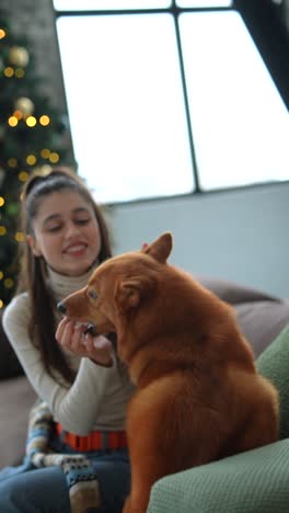 woman and dog by christmas tree