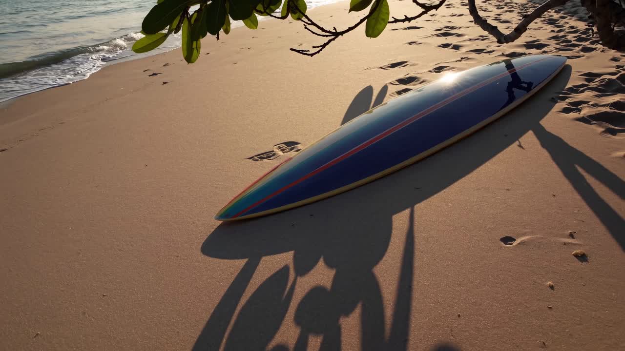 Surfebrett hviler på sandstrand og kaster lange skygger under frodig grønt, mens sollyset glitrer på vannet og fanger en rolig kystscene og en fredfull atmosfære
