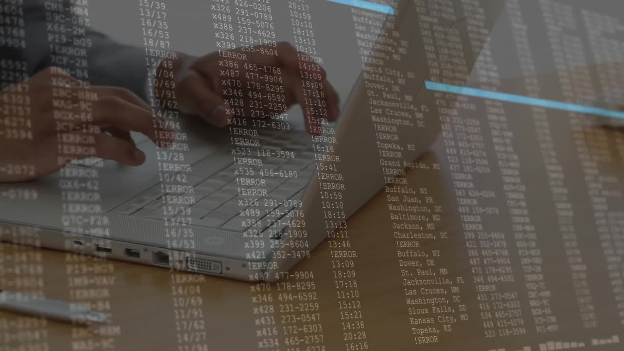 Programmer hands tapping laptop keys and initiating code overlay visualizing data in tech office
