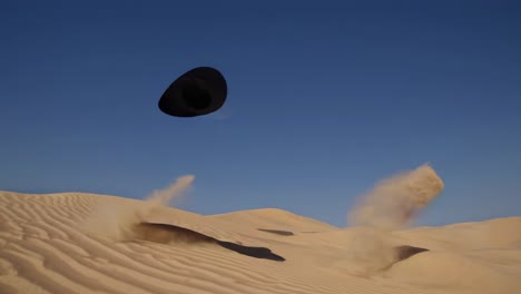 black hat flying over desert sand dunes