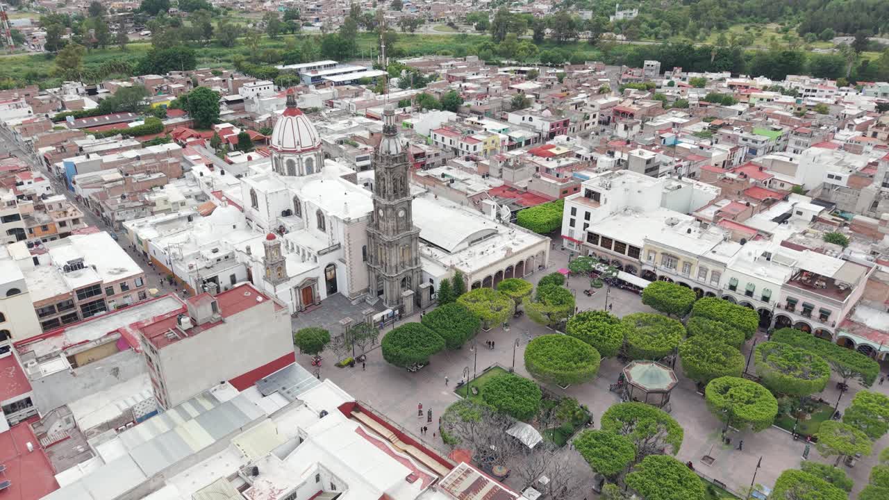 Aerial view of downtown Salamanca, showcasing its main square and colonial church