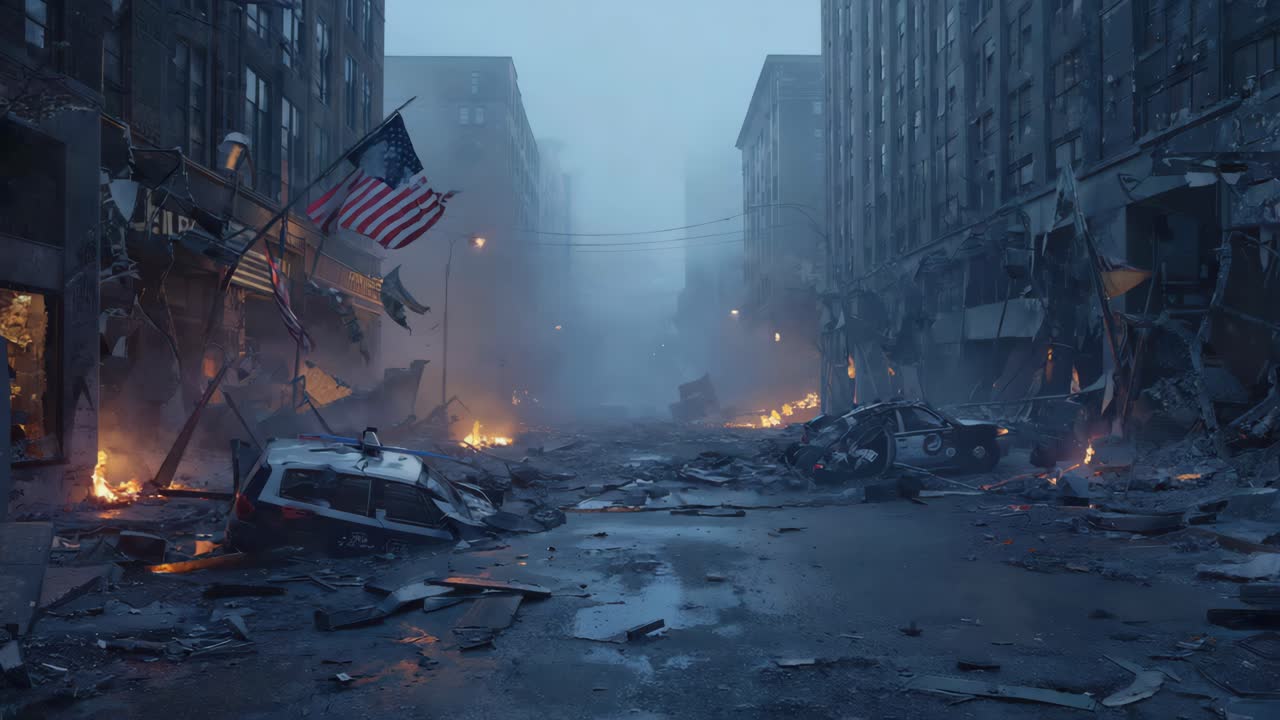 Paesaggio urbano apocalittico con bandiera americana