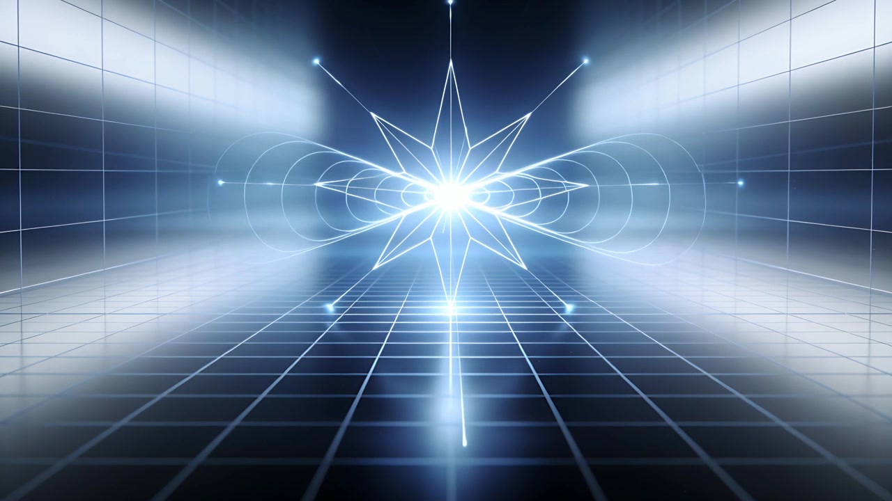 Emerging luminous multipoint star pulsing, sending radial lines and arcs in sci-fi bay, grid floor