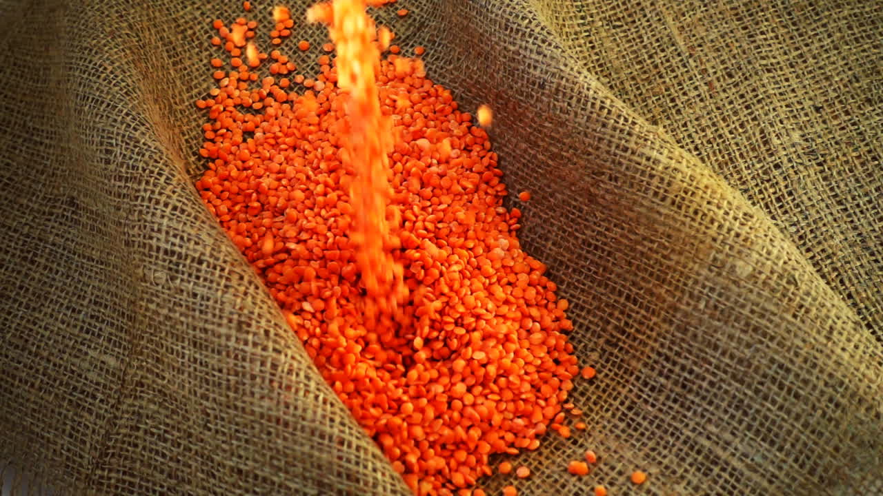 Lentilles rouges se déversant sur de la toile de jute. Ralenti.