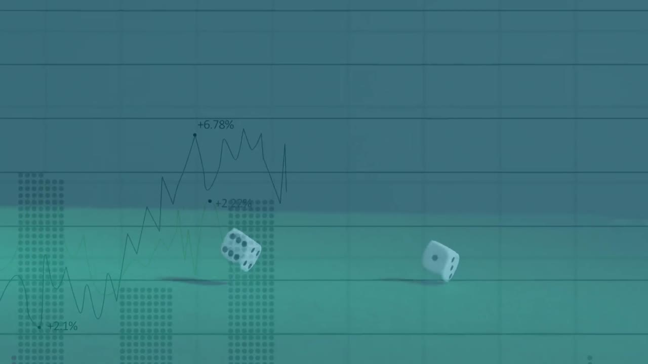animación del procesamiento de datos financieros sobre dos dados que caen