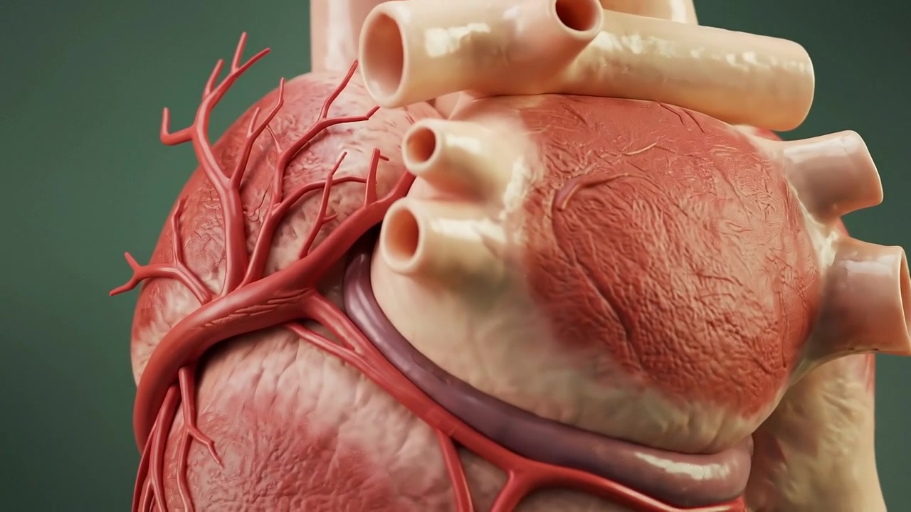 Modello anatomico di cuore umano che fluttua isolato su uno sfondo verde pastello uniforme