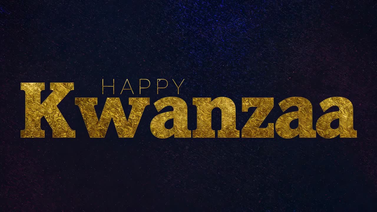 Starting animation moving textured gold title inward on dark speckled card, revealing Kwanzaa