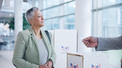 vote pin, ballot and mature woman at booth