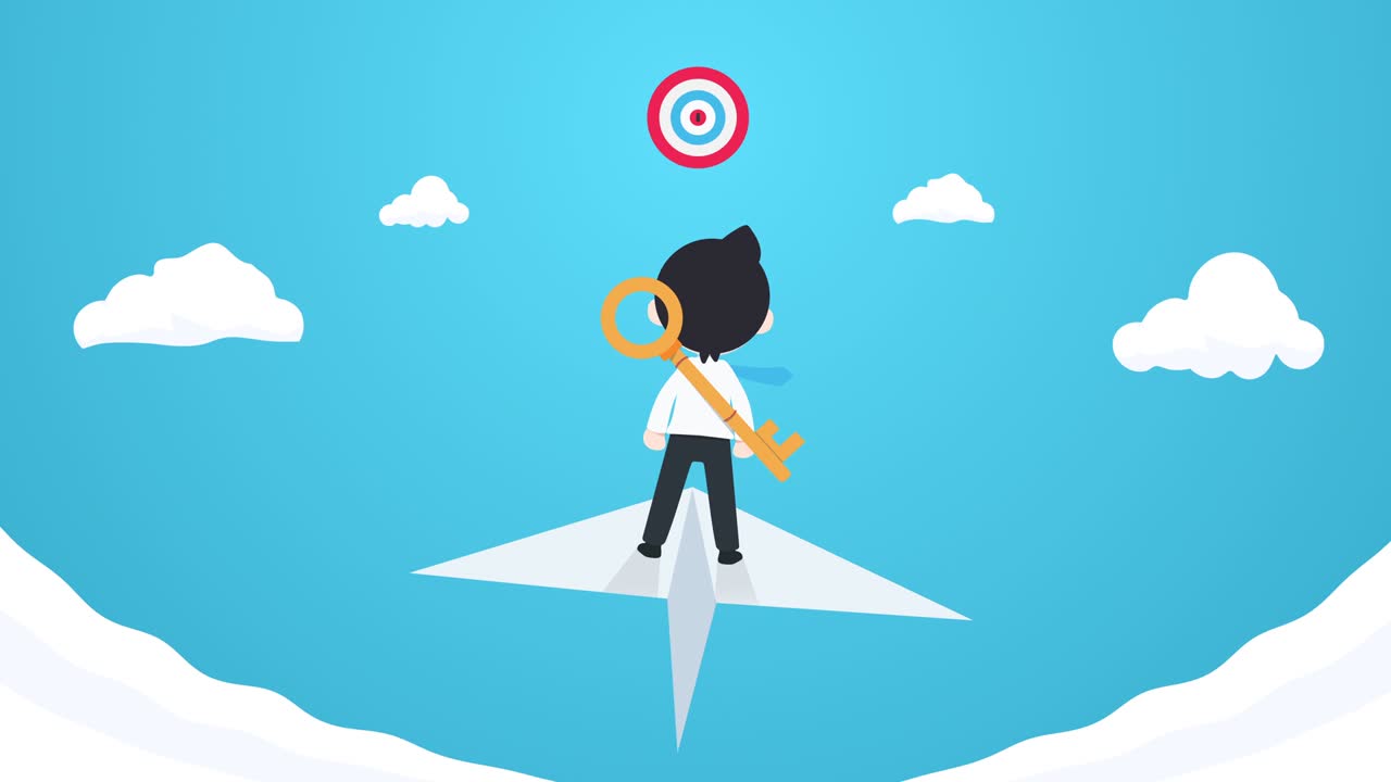 hombre de negocios de pie en el avión de papel volando para apuntar a la vista trasera 4k animación de bucle. prepararse y centrarse en sus objetivos.