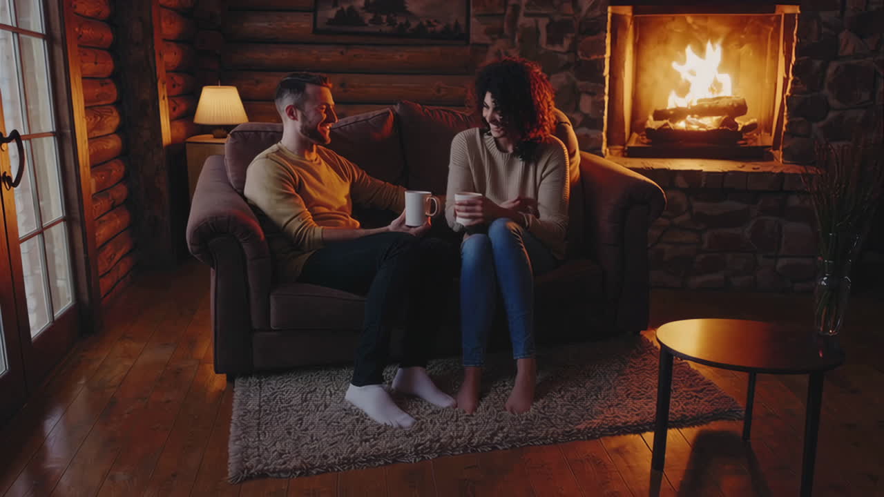 Couple Relaxing by the Fireplace in a Cozy Cabin