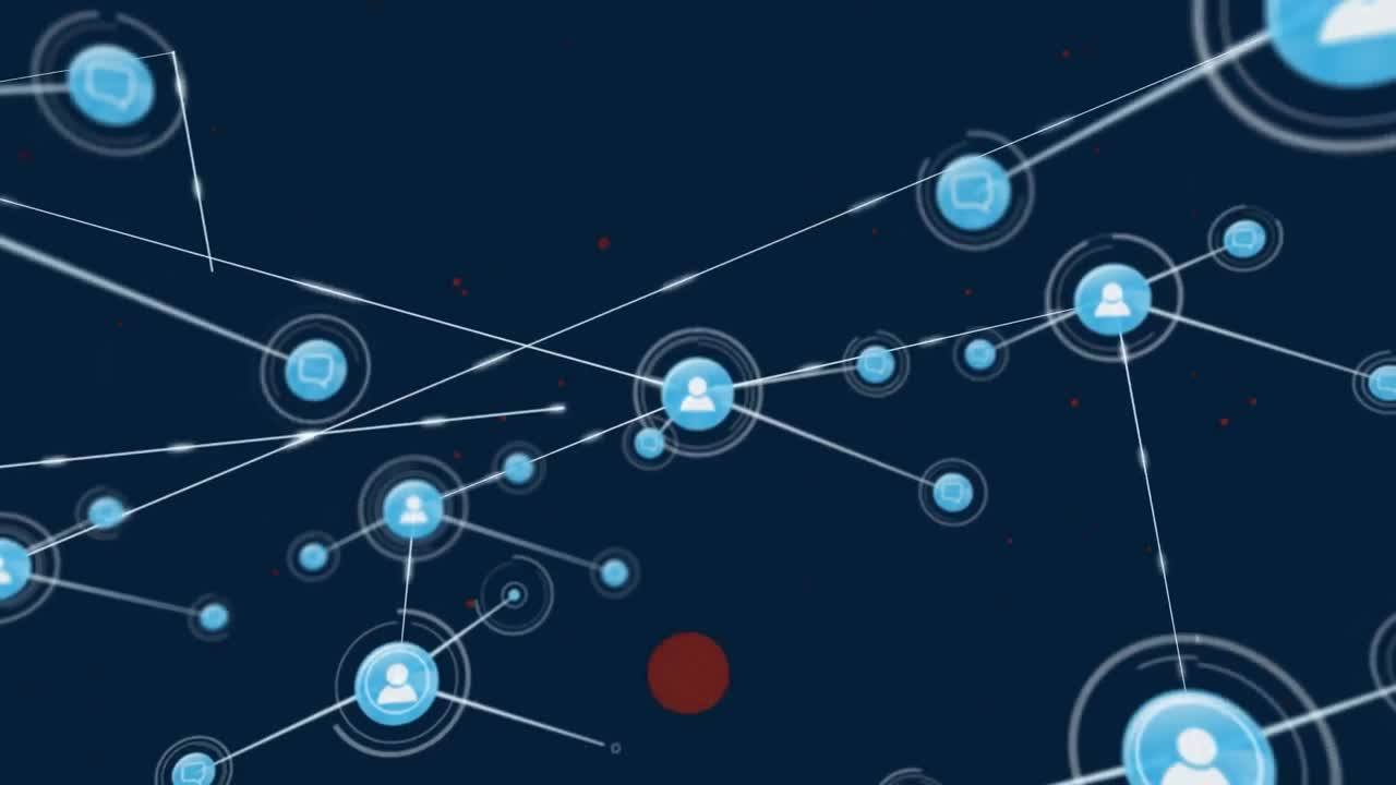 animación de la red de conexiones con iconos digitales sobre fondo azul