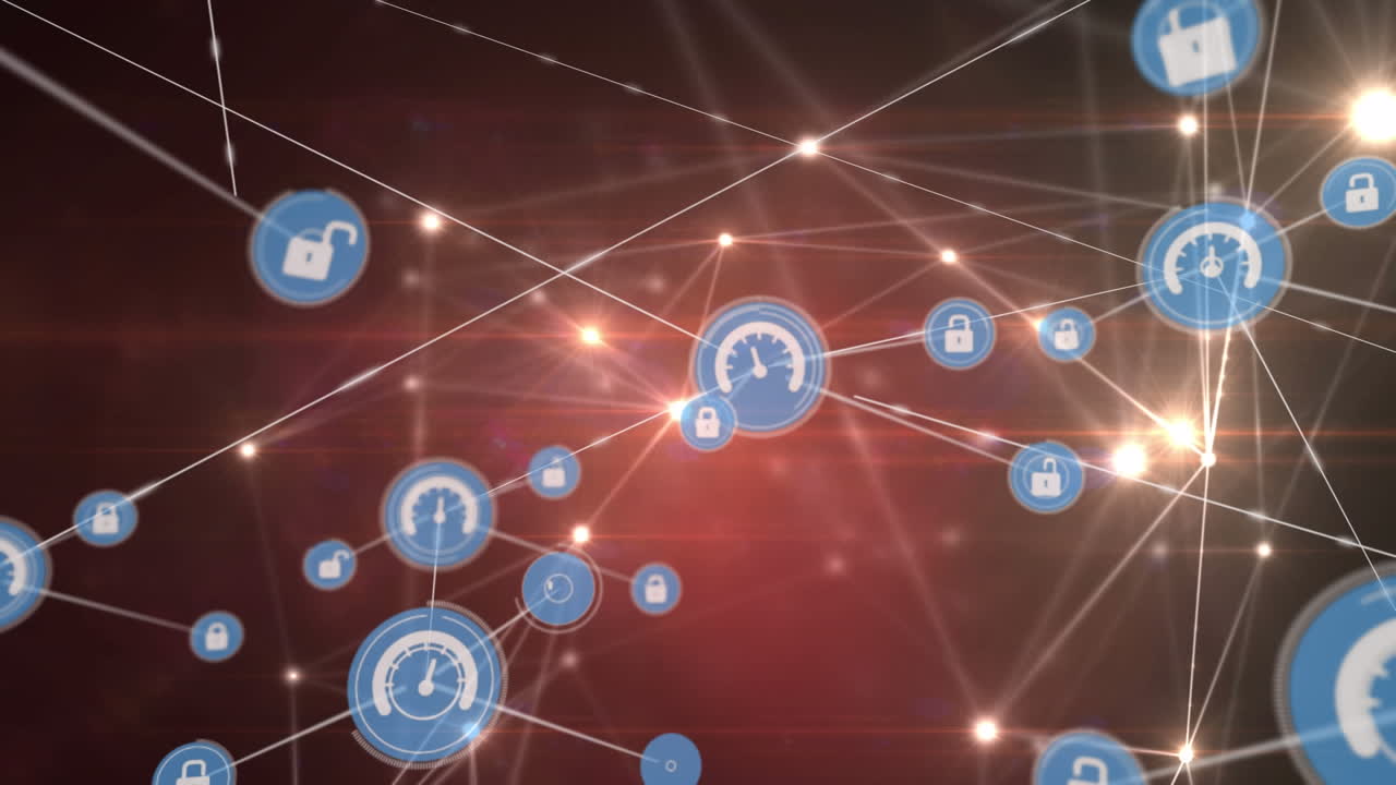 Animation of network of connections with icons over shapes on black background