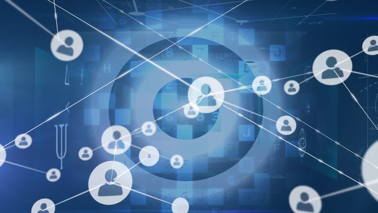 animación de la red de conexiones con iconos sobre datos diversos en el espacio azul