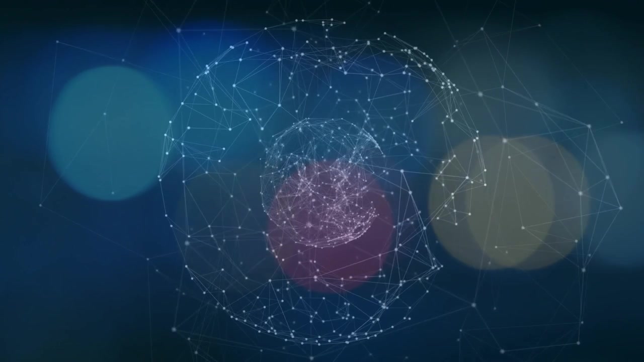 Punti bianchi che si materializzano in una rete sferica, con un nucleo rosa che pulsa e una sfera che ruota mostrando la rete.