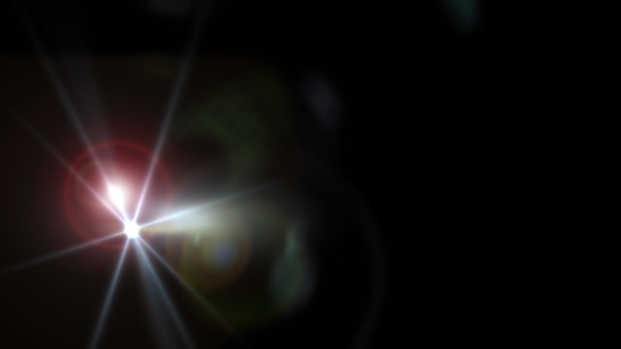 Abstract flicker glow optical lens flares light rotation animation flow from left to right on black background. 4K seamless loop dynamic kinetic bright star light rays effect. Star light streaks.
