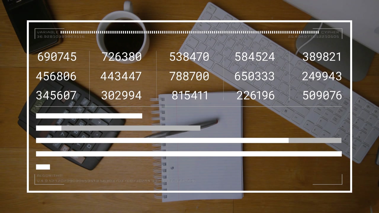 Metal pen swinging from topright settling on notepad, HUD updating grids and bars showing status