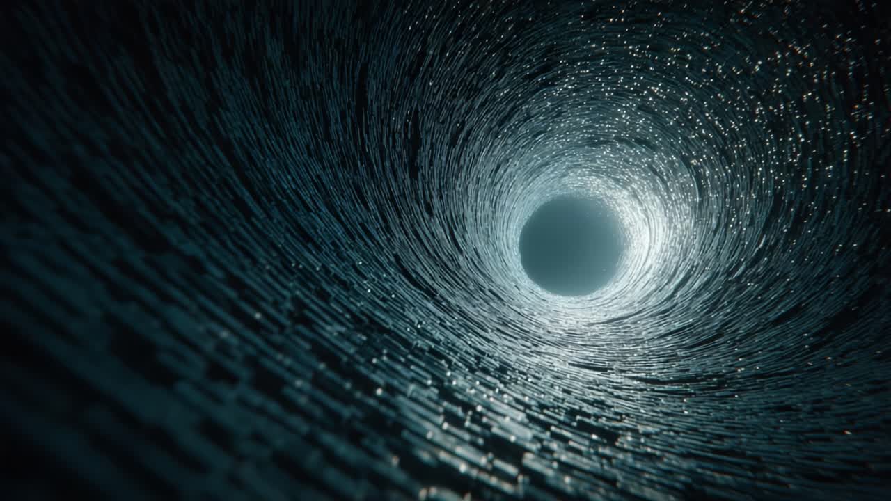 A Deep Dive into the Mysterious Interior of a Twisting Tunnel, Highlighting the Movement of Light and Shadows Through Its Enigmatic Surface Layers