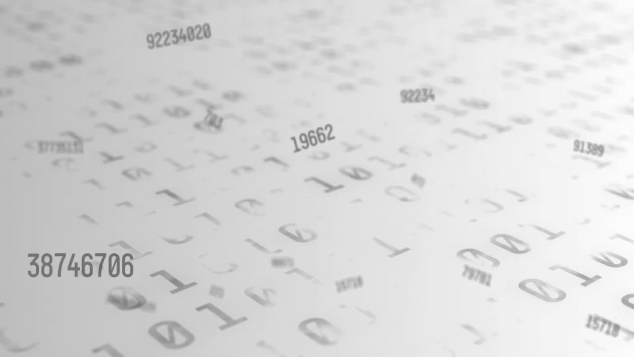 Digital animation of multiple changing numbers against binary coding data processing on white backgr