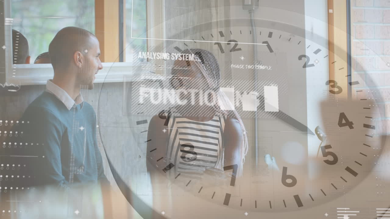 анимация движущихся часов и обработка данных над различными бизнесменами