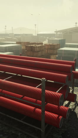 industrial storage yard with pipes and lumber