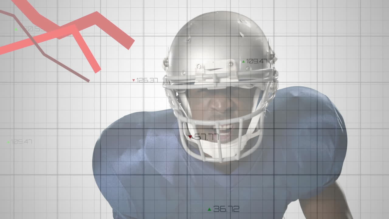 Giocatore di football americano con casco su animazione di un grafico finanziario in declino.