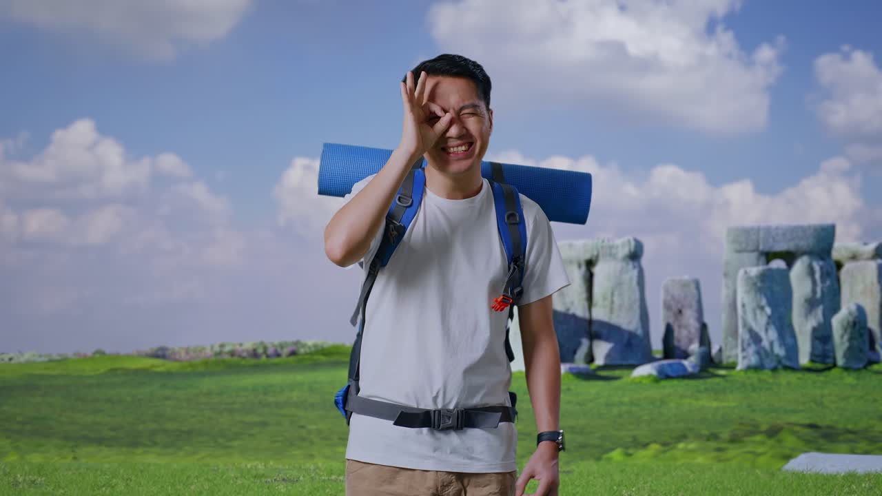 Happy Traveler Posing at Stonehenge