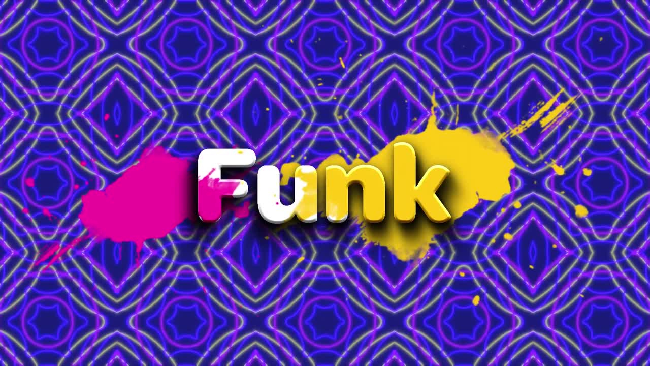 Animation of funk text over moving shapes on blue background