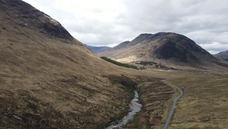 Aerial-view-of-Scottish-Highlands,-capturing-the-essence-of-James-Bond-iconic-scenes