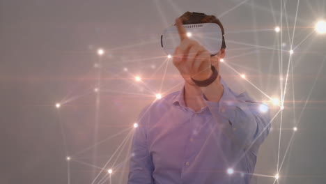 animation of network of connections over businessman wearing vr headsets