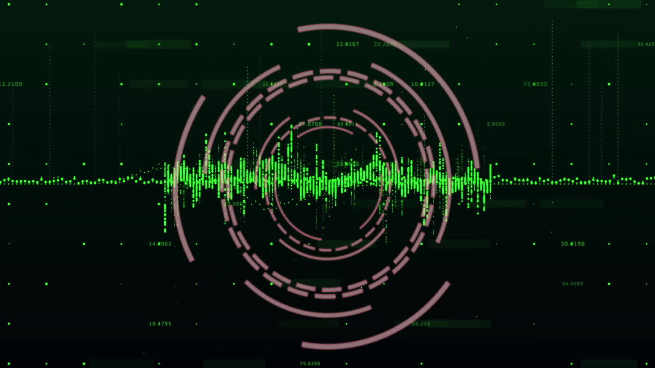 Animation of data processing and diagrams over scope scanning on black background