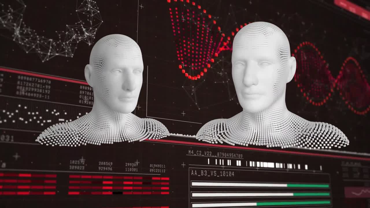 animación de cadenas de adn y procesamiento de datos con cuerpos humanos formados con partículas explosivas