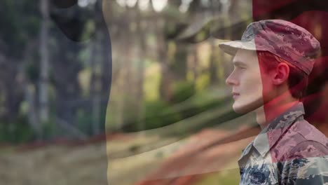 Animation-of-flag-of-france-over-caucasian-male-soldier-in-uniform-saluting