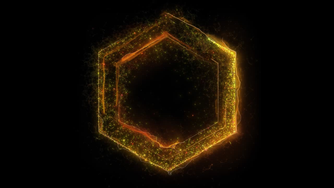animación de un portal eléctrico hexagonal amarillo que consiste en relámpagos, energía y partículas aisladas en fondo negro con alpha luma matte vfx cg 4k. puerta espacial. ciencia ficción. futurista.