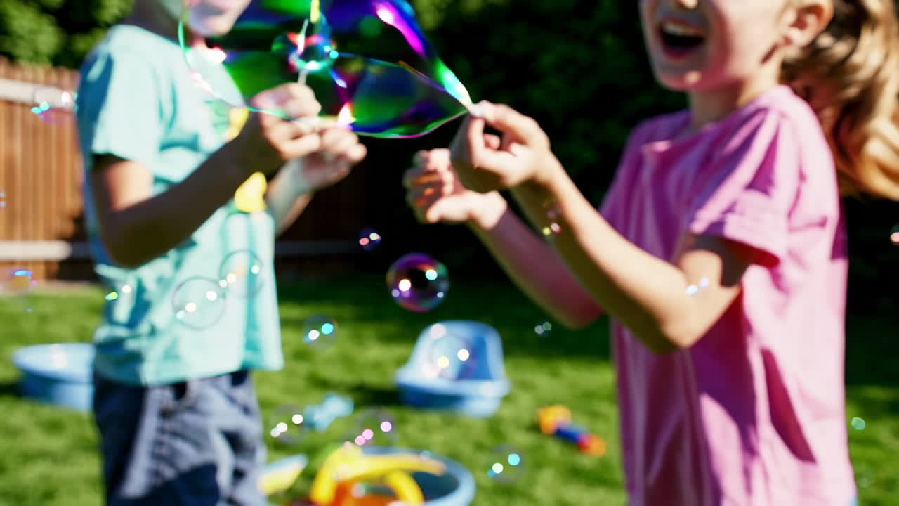 дети играют с пузырьками на заднем дворе