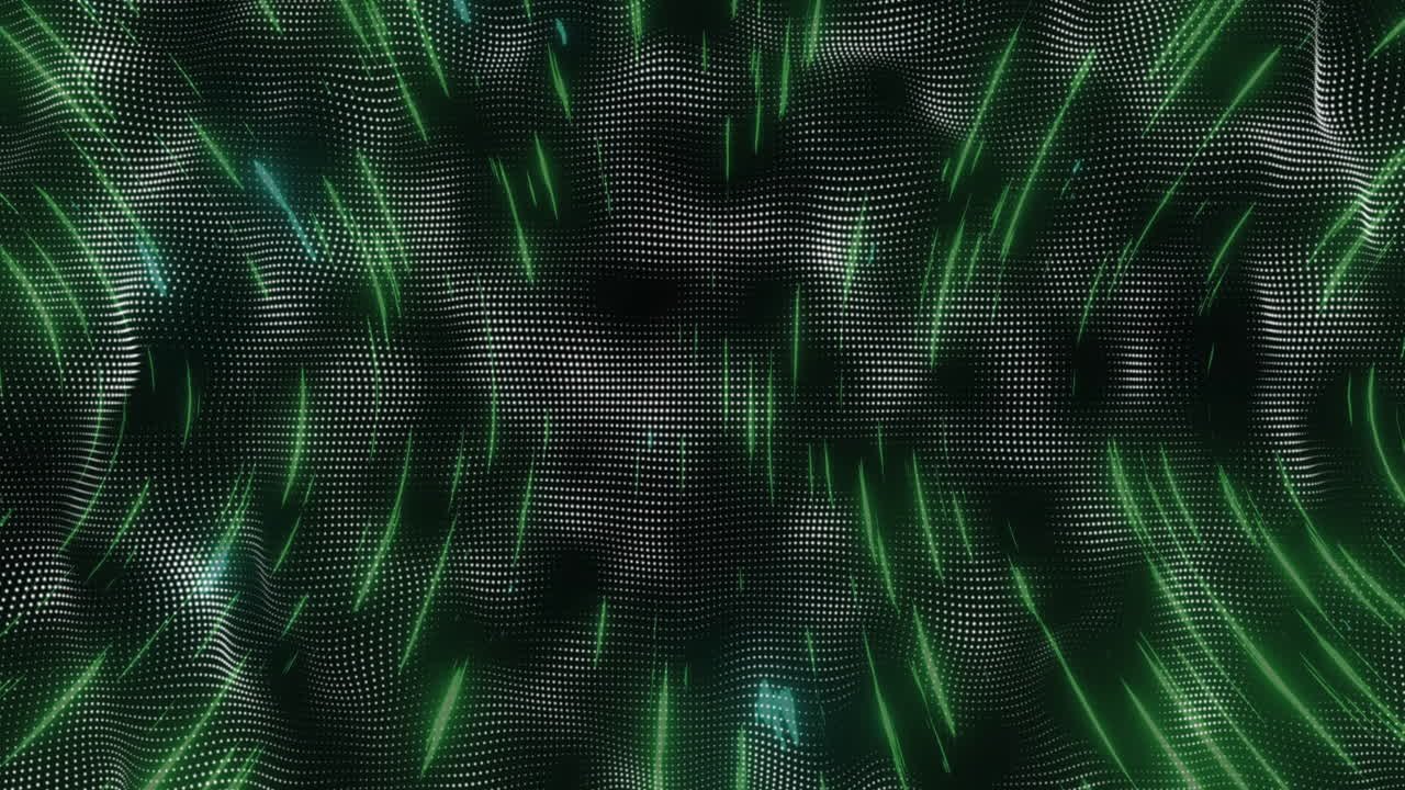 Animation of green digital lines and dots creating wave patterns on dark background