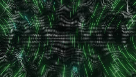 animation of green digital lines and dots creating wave patterns on dark background